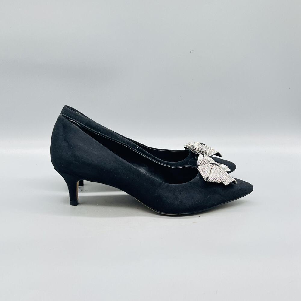 J Crew Shoes Womens 7.5 Black Suede Rhinestone Bow Kitten Heel Pumps Cocktail
